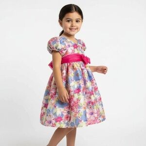 Ashley Ann Girls Dress Size 4T Multicolor Floral Pink Puffy Sleeves Party Whimsi
